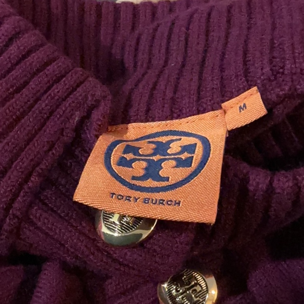 Tory Burch Dark Raspberry Wool/Cashmere Blend Sweater w/ Gold Logo Buttons - Picture 10 of 11